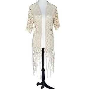 Crochet Lace Open Front Cardigan Kimono Fringe Overcoat Small Cream Western Boho